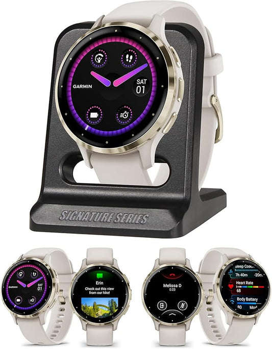 Garmin Venu 3S Running GPS Smartwatch with AMOLED Display, Advanced Health, Fitness Features, Up to 14 Day Battery Life with Signature Series Modern Power Stand | Soft Gold with Ivory Silicone Band