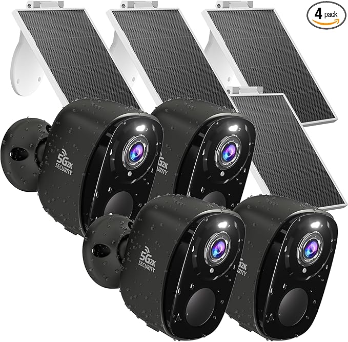 4PC 2K Security Camera Wireless Outdoor, Solar Camera for Home Security, Battery Powered WiFi Security Cameras with Color Night Vision, AI Motion Detection, 2-Way Audio, IP65, SD/Cloud, Works Alexa G