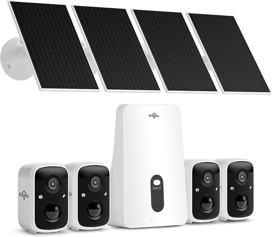 Hiseeu Solar Security Cameras Wireless Outdoor, 4 Cam-Kit, No Subscription, Expandable to 10CH, Wireless Home Security Camera System with 2K Color Night Vision, PIR/AI Detection, IP66, 2.4G & 5G WiFi