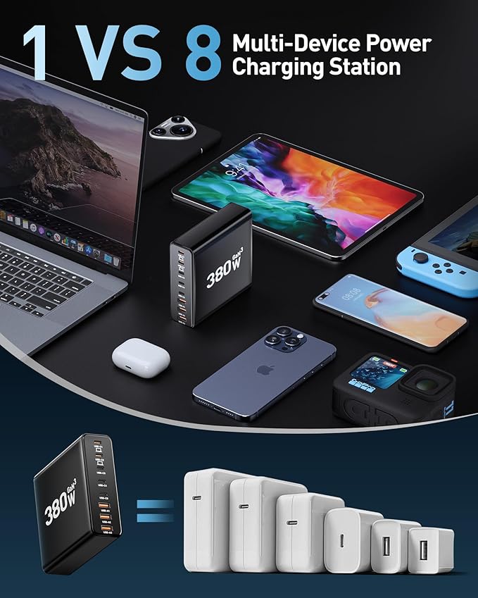 280W USB C Charger Block,with 4 USB Cables 8-Port USB C Charging Station Dual 100W Laptop Charger Fast Charger Type C Charging Block for MacBook Pro, Dell XPS, iPhone, iPad, Tablet (Bright Black)