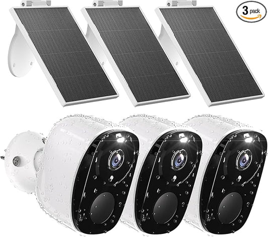 3pcs Solar Security Camera Wireless Outdoor, 2K WiFi Outdoor Camera for Home Security with Solar Panel, 24/7 Recording,AI Motion Detection,Color Night Vision, IP65 Waterproof, 2 Way Audio,SD/Cloud