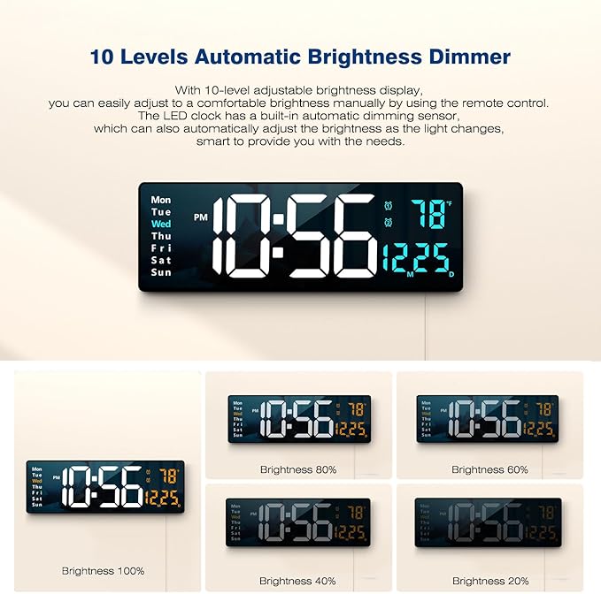 Abovsare 16.2 Inch Large Display Wall Clocks, LED Digital Clock with Remote Control for Living Room Decor, Automatic Brightness Dimmer Clock with Date Week Temperature (Blue)