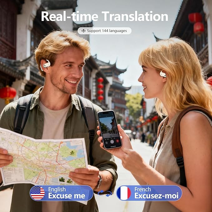 AI Translator Earbuds Real-Time 144 Languages & Accents, 3-in-1 Open Ear Wireless Bluetooth Earbuds with Charging Case,Translation Device for Travel Business Learning Compatible with iOS and Android