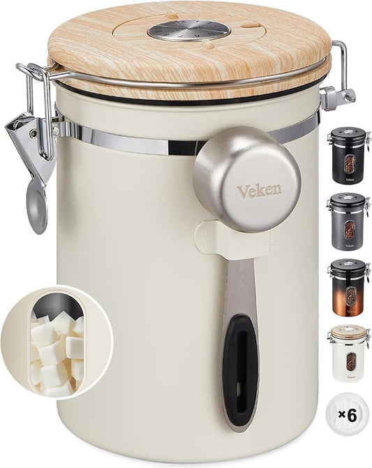Veken Coffee Sugar Canister with Window, Coffee Lover Gift Set,Airtight Stainless Steel Kitchen Food Storage Container Gifts, Date Tracker & Scoop for Grounds Coffee,Beans,Tea,Flour,Cereal,22OZ,Cream