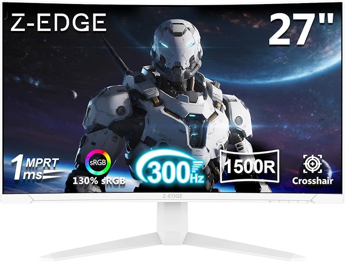 Z-Edge 27 inch Curved Gaming Monitor, FHD 1080P 300Hz Curved Monitor 1500R Computer Monitor, MPRT 1ms Monitor, 16.7M Colors, UG27S 2X DP 1.4 Ports and 2X HDMI 2.0 Ports (White