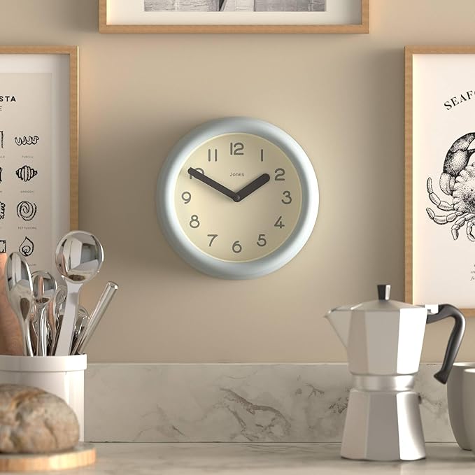 JONES CLOCKS® Fuze Wall Clock | Small Round Clock | Pale Blue | Playful Modern Design with Soft sculptural Presence | Ideal for Kitchens Living Rooms Kid's bedrooms