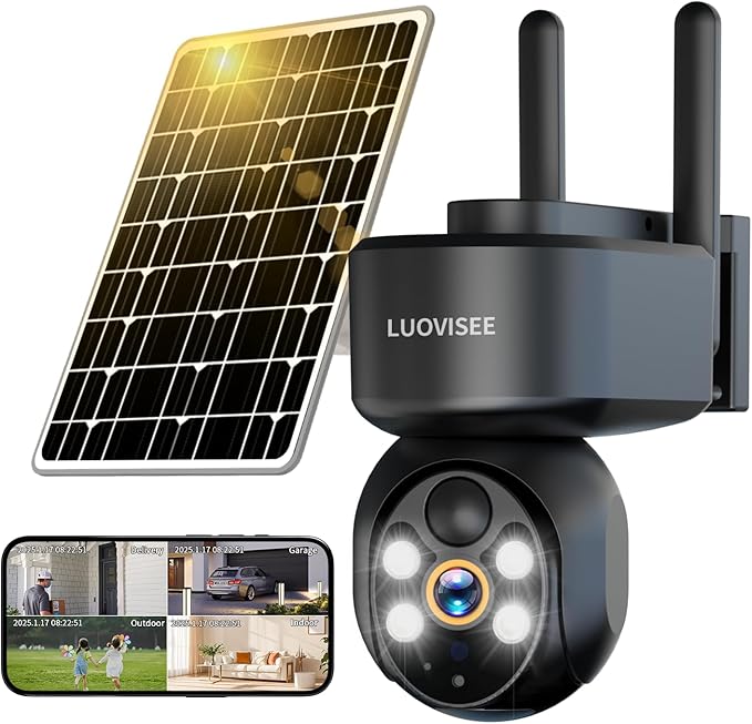 2K Solar Security Camera Wireless Outdoor,WiFi Cameras for Home Security Battery-Powered,Compatible with Alexa,360°PTZ Full Color Night Vision,PLR Alarm,2-Way Audio,Cloud/SD Storage