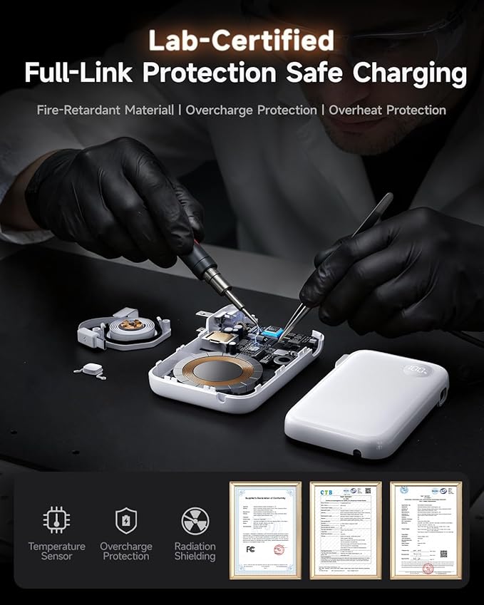 HOU 3 in 1 Portable Power Bank 10000mAh, 35W PD Fast Charging, Retractable USB-C Cable, Foldable Wall Plug, Dual Device Charging, FCC&UL Certified, Compatible with iPhone 17 Pro Max, Samsung, iPad