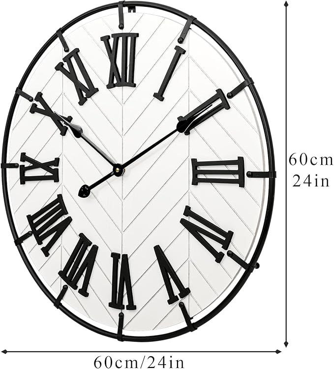 24 Inch Large Wooden Wall Clock – Extra Large Farmhouse Wall Clock with 3D Roman Numerals, Modern White Round Wood & Metal Clock for Living Room, Silent & Accurate Timekeeping