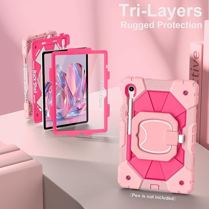 Case for Samsung Galaxy Tab S10 Lite/S10 FE/S9 FE 10.9 Inch, Samsung Tab S9 11 Inch, Rugged Galaxy S10 Tablet Cover with Pen Holder 360 Rotating Stand Shoulder Strap Screen Protector, Rosegold