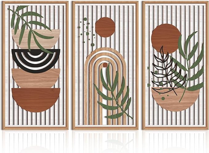 IARTTOP Large Boho Wood Wall Art Framed 16x32 Inch Mid century Modern Wooden Wall Decor Abstract Bohemian Minimalist Art Decor for Bedroom Living Room Office Set of 3