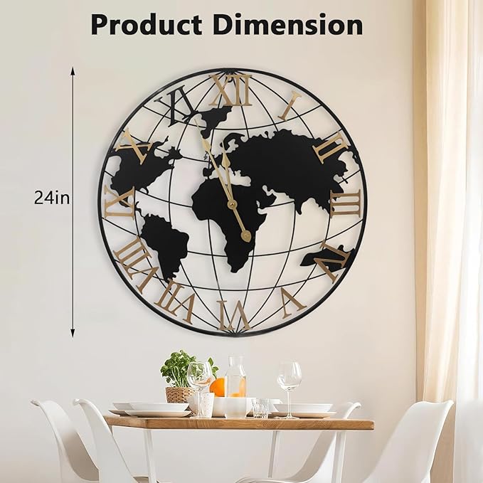 Gugxiom 24 Inch Large World Map Wall Clock Battery Operated, Roman Numeral Wall Clock, Metal Minimalist Modern Clock, for Office Kitchen Bedroom Living Room