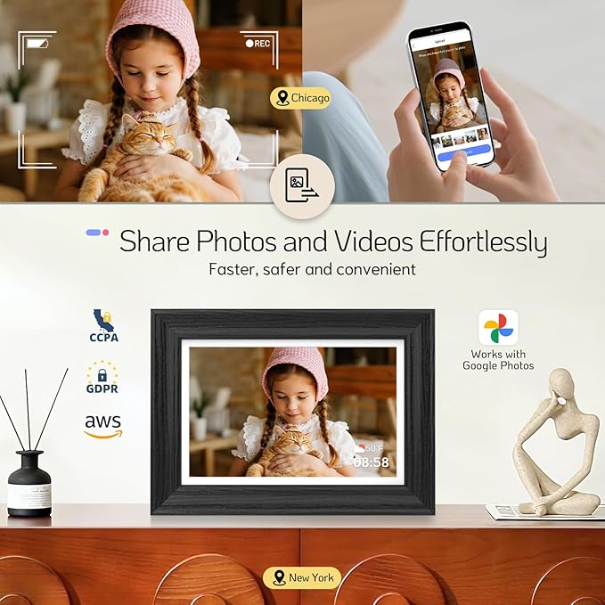 NexFoto Touchscreen Digital Picture Frame 10.1 Inch 64GB, WiFi Photo Frame Electronic, Add Pics from Google Photos, Easy to Share Videos via App/USB/Micro SD, for Christmas/Mom/Birthday, Black Wood