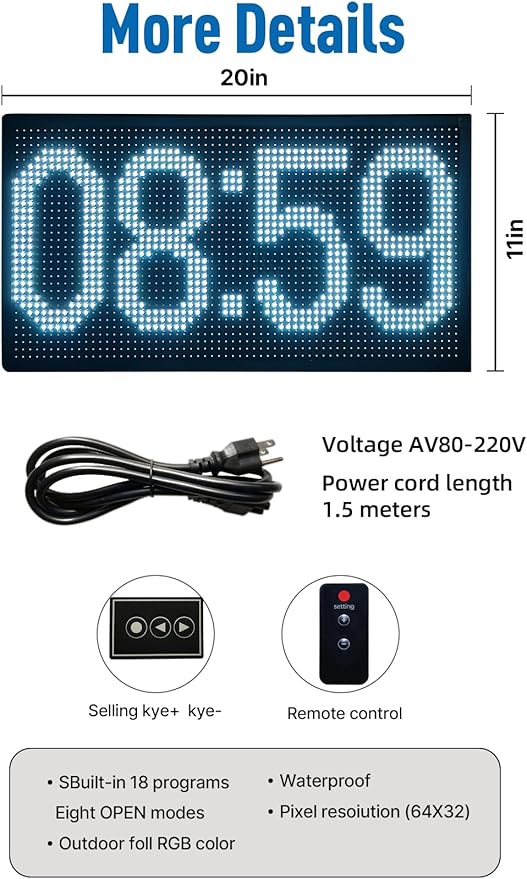 20x11 Inch Large Digital Wall Clock, Double-Sided Display with Date Day Temperature, Waterproof Outdoor Clock with Remote, Full Color LED for Gym, Garage, Office, Indoor Use