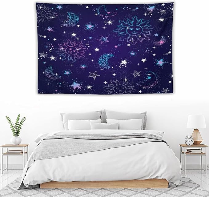 HZOHNAGO Boho Sun Moon Tapestry Purple Blue Sun Stars Galaxy Pattern Printed Wall Tapestry Wall Hanging for Bedroom Living Room Dorm 60" W x 40" H