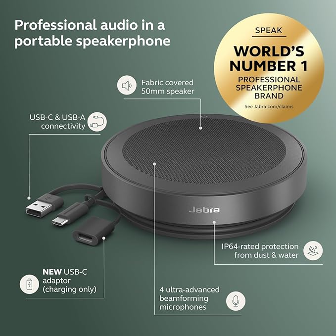Jabra Speak2 75 (2025 Edition) Wireless Bluetooth Speakerphone - 4 Noise-Cancelling Mics, 65mm Speakers - New Linking Feature - USB-C Dongle - Certified for Microsoft Teams - Dark Grey
