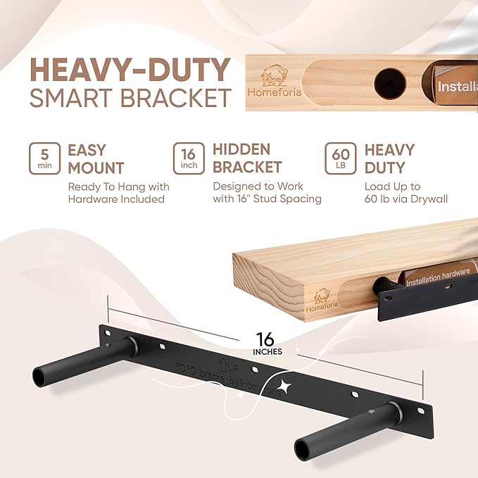 Homeforia 24 inch Wood Floating Shelves, High End Solid Natural Wood 24inch Floating Shelf for Wall, Unfinished Wooden 24 inches Floating Shelves, Heavy Duty Bracket, 24 X 6.5 X 1.75 in, Set of 2