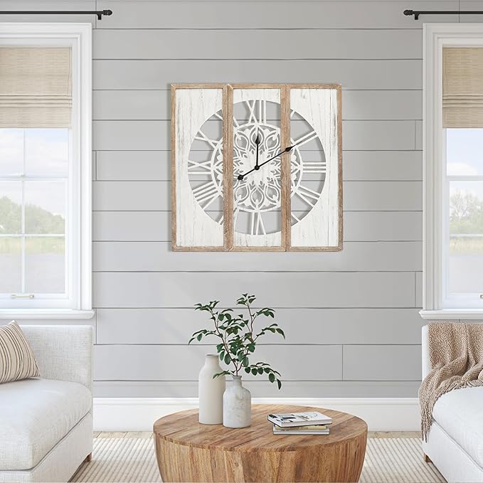 RiteSune Unique 30" Wall Clock for Living Room Decor, Oversized Farmhouse Wall Clock Battery Operated, Triptych Panel Wooden Large Clock Wall Art for Bedroom Entryway