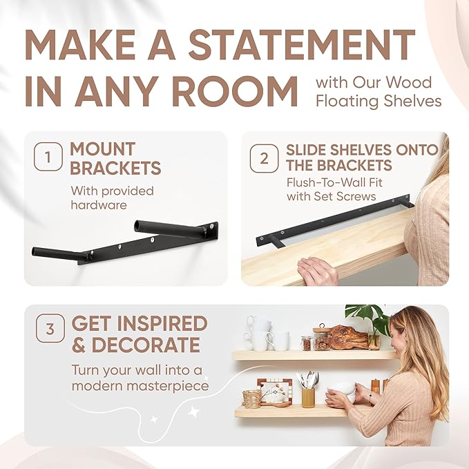 Homeforia 30 inch Wood Floating Shelves, High End Solid Natural Wood 30inch Floating Shelf for Wall, Unfinished Wooden 30 inches Floating Shelves, Heavy Duty Bracket, 30 X 6.5 X 1.75 in, Set of 2