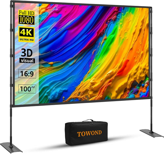 TOWOND Projector Screen and Stand, 100 inch Outdoor Projector Screen Indoor, Portable Movie Screen 16:9 4K Front Rear Projection Screen with Carry Bag Wrinkle-Free Design for Home Backyard Theater