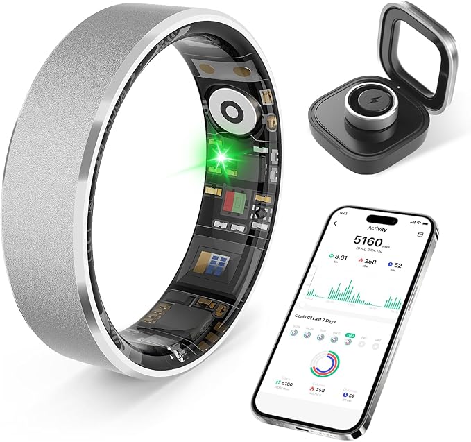 Smart Health Ring, Featuring Stress and Sleep Monitoring Functions, Compatible with iOS and Android, Waterproof Fitness Tracker for Women & Men, No Subscription Fee. (Brushed Silver, 7)