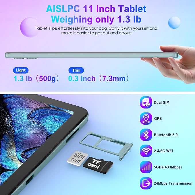 11 Inch Tablet Android 13 Tablets 16GB RAM+256GB ROM+1TB Expand Octa-Core Tablets PC with Dual SIM Card Slot, 2K 2000 x 1200 Display, 8+13MP Dual Camera, Bluetooth5.0, GPS, 5G/2.4G WiFi