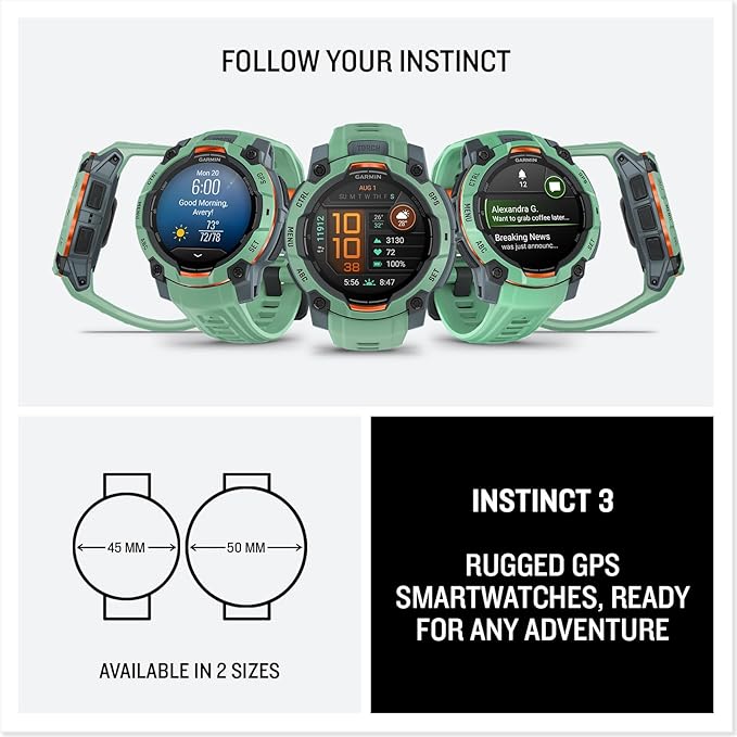 Garmin Instinct® 3 45mm, AMOLED Display, Rugged Outdoor GPS Smartwatch, Metal-Reinforced Bezel, Built-in Flashlight, Up to 18 Days of Battery Life, Neo Tropic