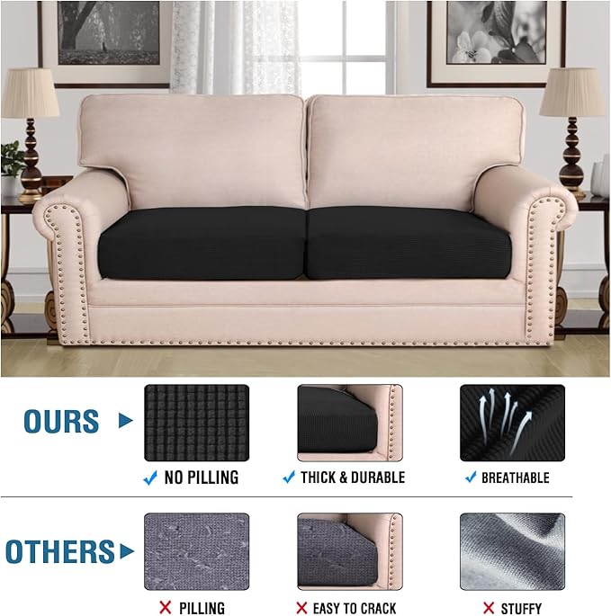H.VERSAILTEX Super Stretch Individual Seat Cushion Covers Sofa Covers Couch Cushion Covers Slipcover Sets Thick Jacquard Textured Twill Fabric (2 Piece Large Sofa Cushion Covers, Black)