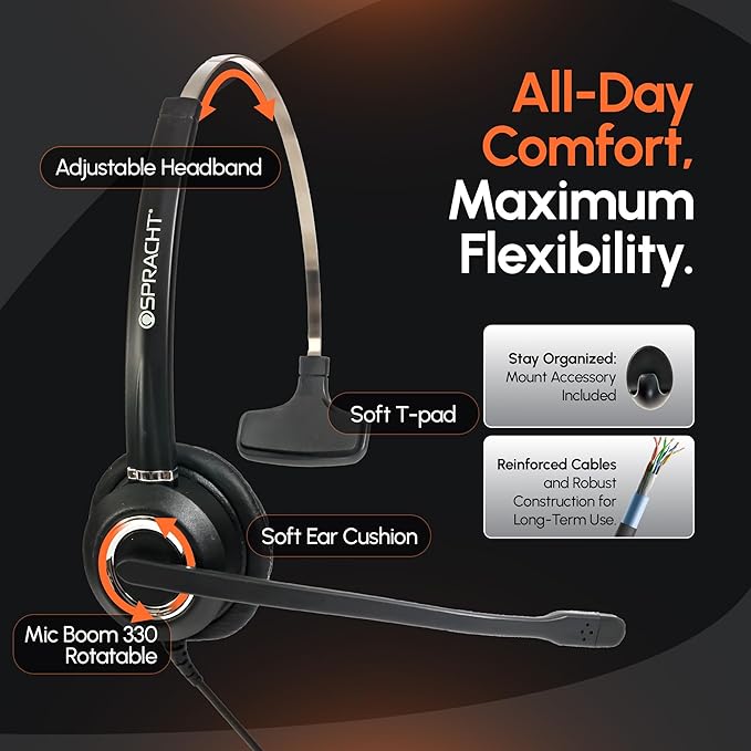 Spracht Wired Headset for Desktop Phone | Single Ear Universal Headset for Office Telephones | Mono Head Set with Microphone - Works with Polycom Digium Nortel Yealink Grandstream Cisco Zum RJ9