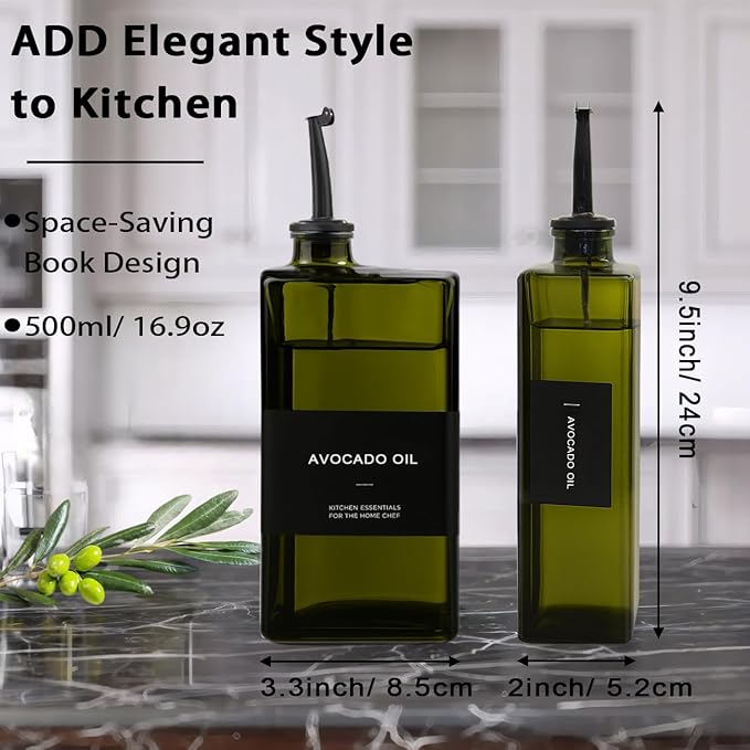 Olive Oil Dispenser Bottle for Kitchen 16.9oz, UV-Blocking Oil and Vinegar Dispenser Set, Soy Sauce Dispenser, Space Saving Design for Countertop (Green, 2pcs)