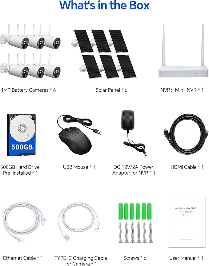 CAMCAMP Solar Security Cameras Wireless Outdoor, Home Security Camera System, 4MP Solar-Powered 6 Cam-Kit, 10CH NVR w/ 500GB HDD, 2.4G& 5G WiFi, Color Night Vision, Motion Detection, 2-Way Audio, IP66