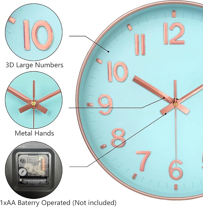 Wall Clock, 8 Inch Wall Clocks Battery Operated, Round Modern Non Ticking Silent Digital Analog Small Wall Clock for Bedroom Living Room Kitchen Office Gym Classroom Outdoor Clocks, Blue