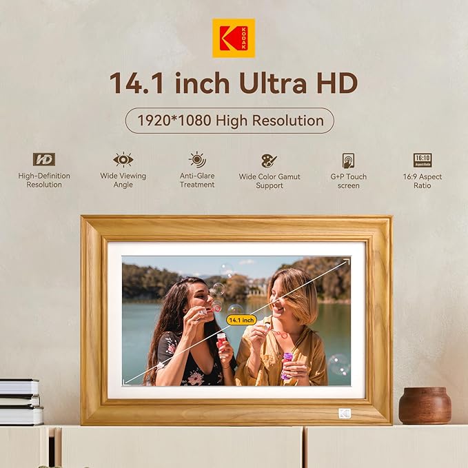 Kodak 14.1 Inch Smart WiFi Digital Picture Frame 1920x1080 Touch Screen, Auto-Rotate, Built in 32GB Memory, Share Photos and Videos for Anywhere Anytime, for Friends and Family (Wood)