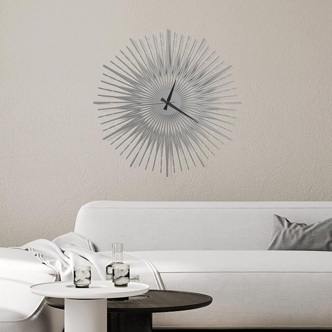Sun Rays Wall Clock, Large Metal Decorative Wall Clock, Modern Minimalist Wall Decor (Silver, Small)