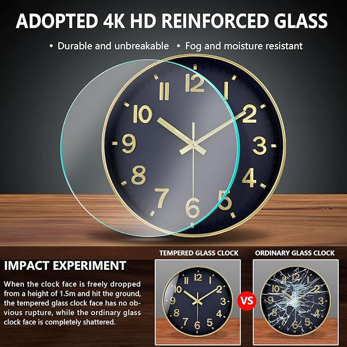 Modern Wall Clock, 10 Inch Digital Wall Clocks Battery Operated, Round Non Ticking Silent Analog Clock for Bedroom Living Room Kitchen Office Gym Classroom Decor, Gold Navy Blue Battery Clock