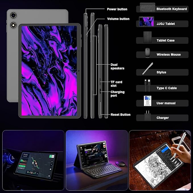 2026 Android 15 Tablet 10 Inch, 26GB+256GB+2TB Expand, 2 in 1 Tablets with Keyboard Case Mouse Stylus, 8000mAh Battery, Octa-Core, Dual Camera, Supports Widevine L1, 5G WiFi, GPS（Black Case）
