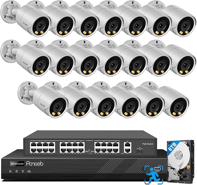 32 Channel Security Camera System for Business, 4K 32CH PoE NVR 8TB HDD,20x 5MP Wired IP PoE Cameras Outdoor,Smart Color Night Vision,AI Human Vehicle Detection,Built-in microphone,PB38F2032-5M