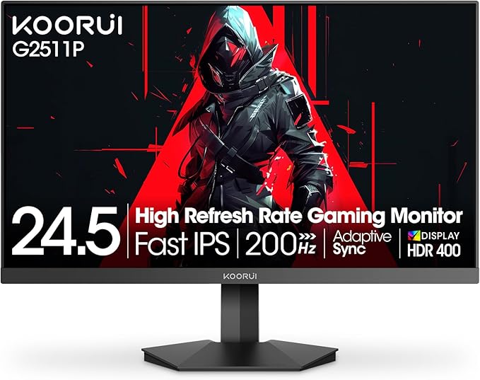 KOORUI 24.5 Inch Gaming Monitor 200Hz, 1ms, FHD(1920 * 1080p) IPS Display, HDR400, 90% DCI-P3 Color Gamut with Adaptive Sync, HDMI & DP Port, Black, G2511P