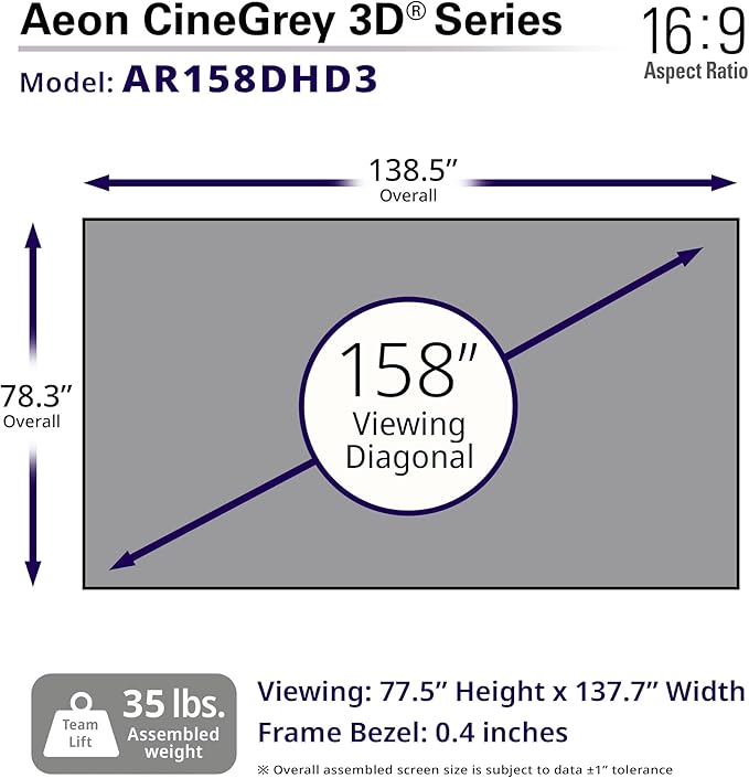 Elite Screens 158 inch CLR/ALR Projector Screen 16:9 4K, Standard Throw Projection, Edge Free Ambient Light Rejecting Grey for Indoor Movie Screen Home Theater - Aeon CineGrey 3D- AR158DHD3
