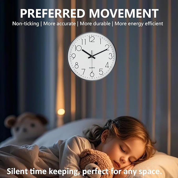 Silent Wall Clocks Battery Operated 8 Inch, Analog Wall Clock with Oversized Number Tempered Glass Clock Face, Black Quartz Non Ticking Wall Clocks for Living Room Bedroom Kitchen Office