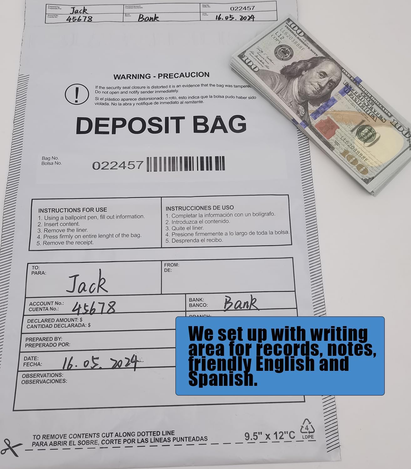 Plastic Deposit Bags 100-Pack Opaque 9.5''x 15'', Opaque Security Bank Deposits Bags,Cash register bag,Money bag for Cash,Bank Pocket,Tamper-Evident Bag,Unique Barcode