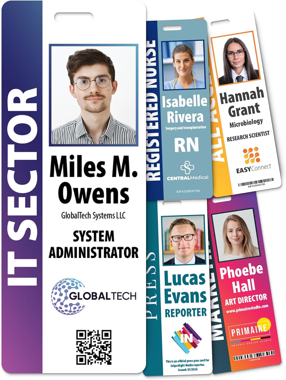 Custom Print Employee ID Badge with Vertical Side Text, Double Sided Print with Name, Photo, Logo, and Barcode â Unique Photo ID Card Solution (Vertical Oversize)