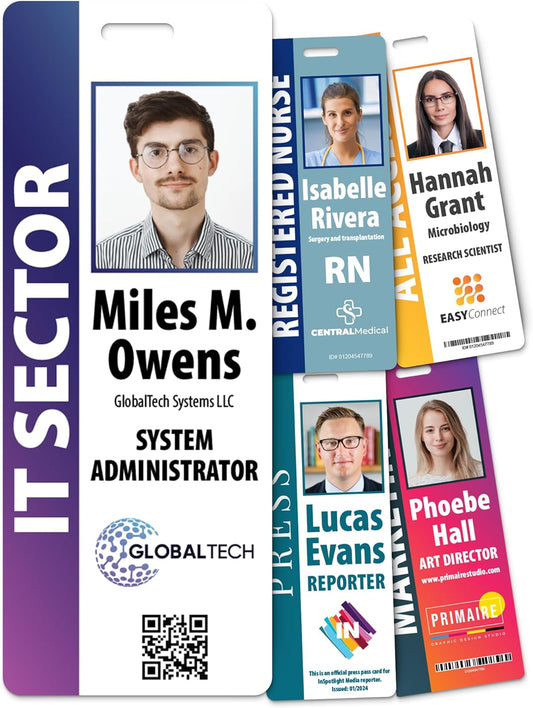 Custom Print Employee ID Badge with Vertical Side Text, Double Sided Print with Name, Photo, Logo, and Barcode â Unique Photo ID Card Solution (Vertical Oversize)