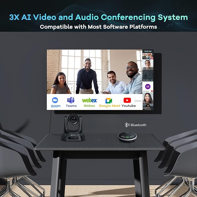 TONGVEO AI Auto-Tracking PTZ Conference Camera System with Bluetooth Microphones, 3X Optical Zoom USB3.0 1080P 60fps, 93° Wide-Angle All-in-One Video Conference Solution for Church & Office