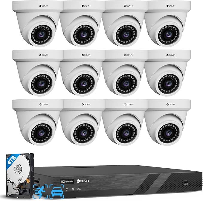 4COVR 16 Channel Security Camera System,AI Human Vehicle Detection, 16CH 8MP NVR 4TB HDD, 12Pcs 5MP Wired Commercial Dome IP PoE Camera IP67 Night Vision, Business Surveillance Outdoor, LY97AX5M1612
