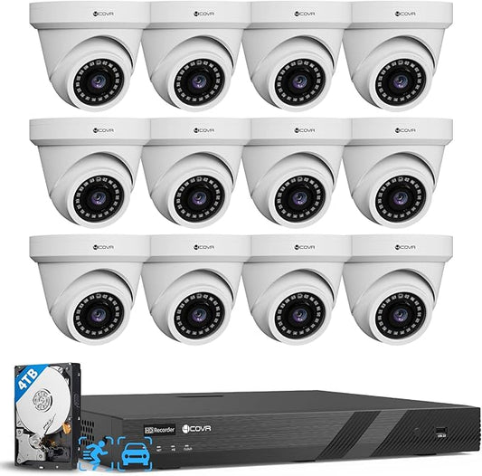 4COVR 16 Channel Security Camera System,AI Human Vehicle Detection, 16CH 8MP NVR 4TB HDD, 12Pcs 5MP Wired Commercial Dome IP PoE Camera IP67 Night Vision, Business Surveillance Outdoor, LY97AX5M1612
