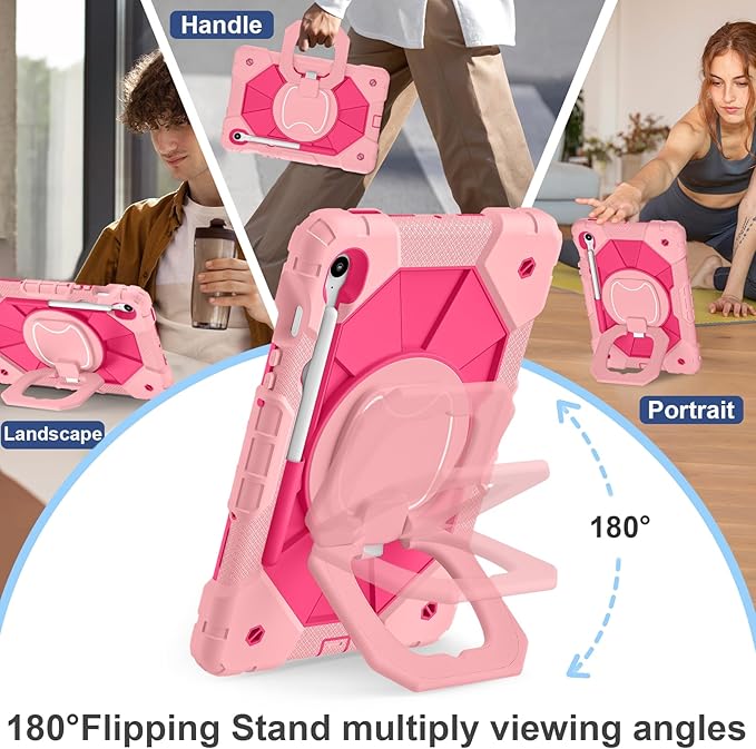 Case for Samsung Galaxy Tab S10 Lite/S10 FE/S9 FE 10.9 Inch, Samsung Tab S9 11 Inch, Rugged Galaxy S10 Tablet Cover with Pen Holder 360 Rotating Stand Shoulder Strap Screen Protector, Rosegold