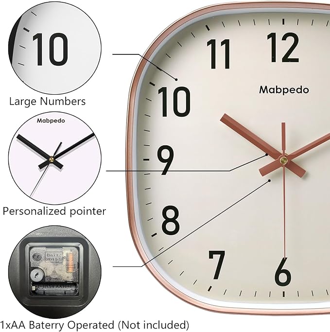 10 Inch Wall Clock, Silent Non Ticking Wall Clocks Battery Operated, Square Analog Decorative Wall Clocks for Bedroom Living Room Office Home Gym Porch Decor Indoor Outdoor Clock, Rose Gold