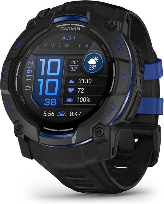 Garmin Instinct® 3 – 50 mm, AMOLED Display, Rugged Outdoor GPS Smartwatch, Built-in Flashlight, Supernova Collection Limited Edition Color, Black with Black/Bolt Blue Silicone Band