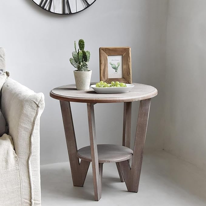 Rustic Farmhouse end Table with Storage Shelf, French Country Accent Side Table for Family, Dinning or Living Room, Small Spaces, Modern, Round, Vintage Grey Finish